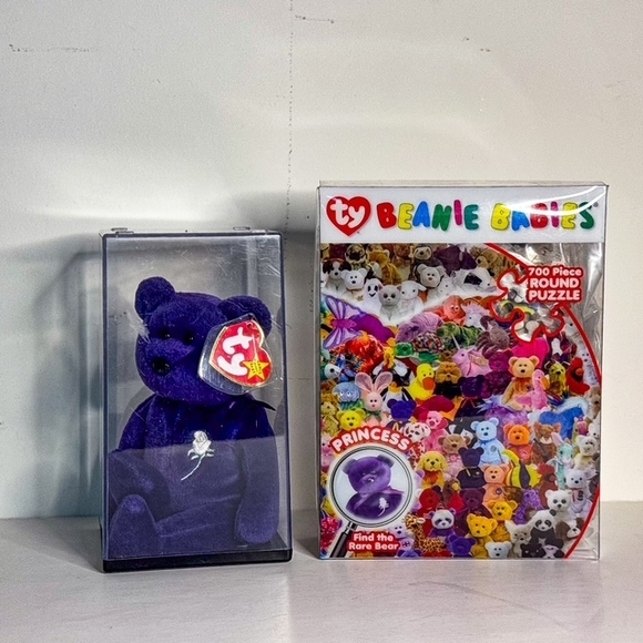 1997 Ty Beanie Babies Princess Bear with Free Puzzle - Deep Purple